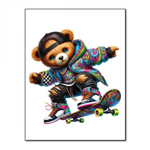 Naprasowanki, Naplamki, Termo Naklejki na Ubrania DTF - Miś na Deskorolce