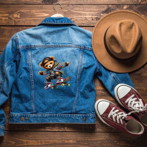 Naprasowanki, Naplamki, Termo Naklejki na Ubrania DTF - Miś na Deskorolce