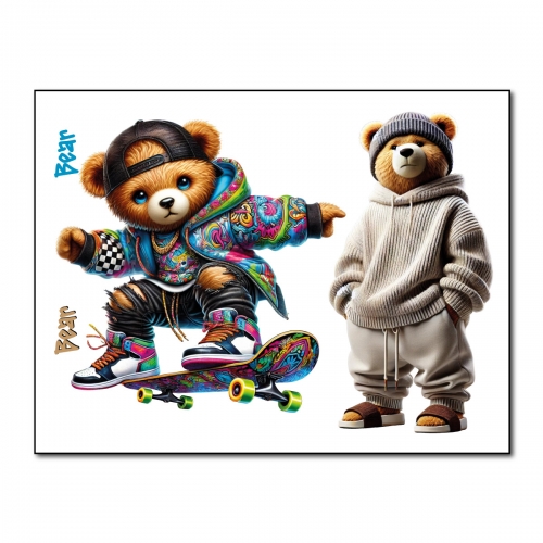 Naprasowanki, Naplamki, Termo Naklejki na Ubrania DTF - 2 Misie - zestaw z Deskorolką