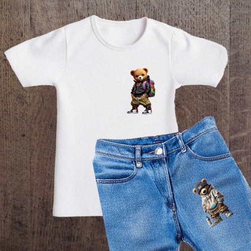 Naprasowanki, Naplamki, Termo Naklejki na Ubrania DTF - 2 Misie - zestaw z Plecakiem