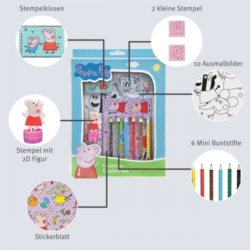 Zestaw Kreatywny, Kolorowanki, Naklejki i Stempel Figurka 2D, 21 el. Świnka Peppa